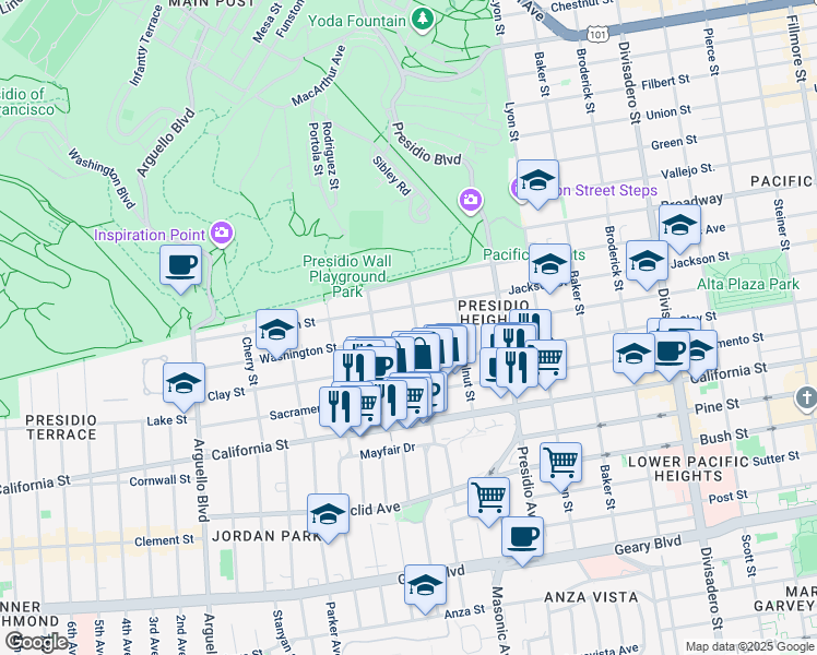 map of restaurants, bars, coffee shops, grocery stores, and more near 145 Laurel Street in San Francisco