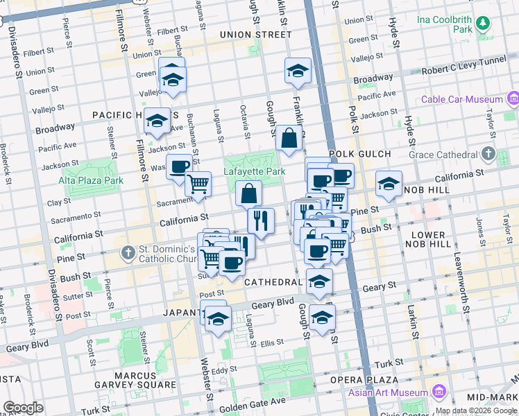 map of restaurants, bars, coffee shops, grocery stores, and more near California St & Octavia St in San Francisco