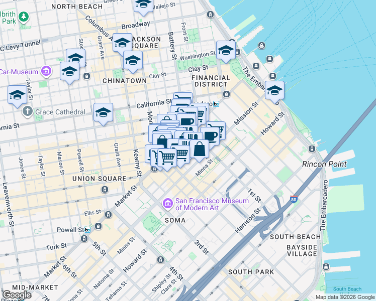 map of restaurants, bars, coffee shops, grocery stores, and more near 49 Stevenson Street in San Francisco