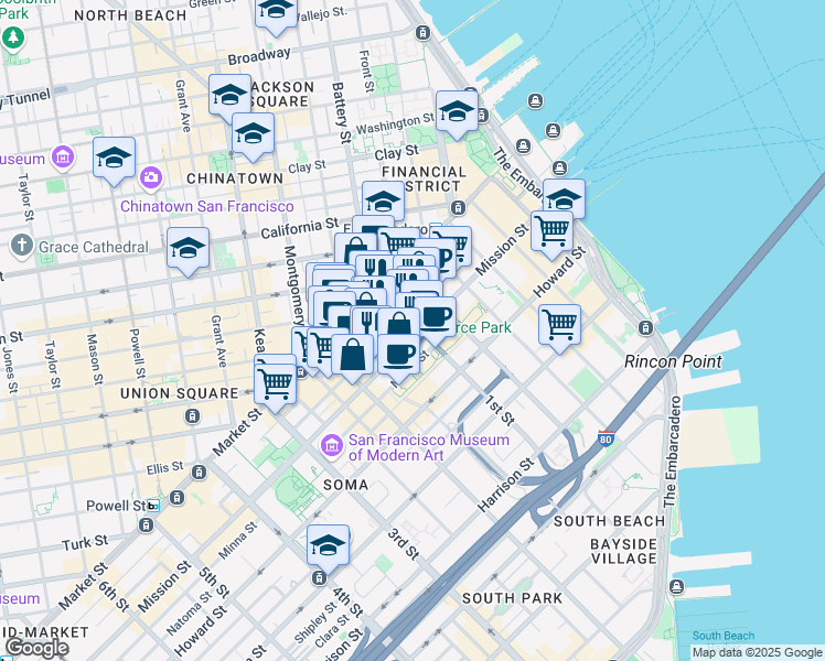 map of restaurants, bars, coffee shops, grocery stores, and more near 88 1st Street in San Francisco
