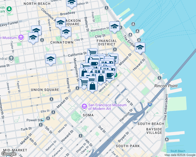 map of restaurants, bars, coffee shops, grocery stores, and more near 526 Mission Street in San Francisco