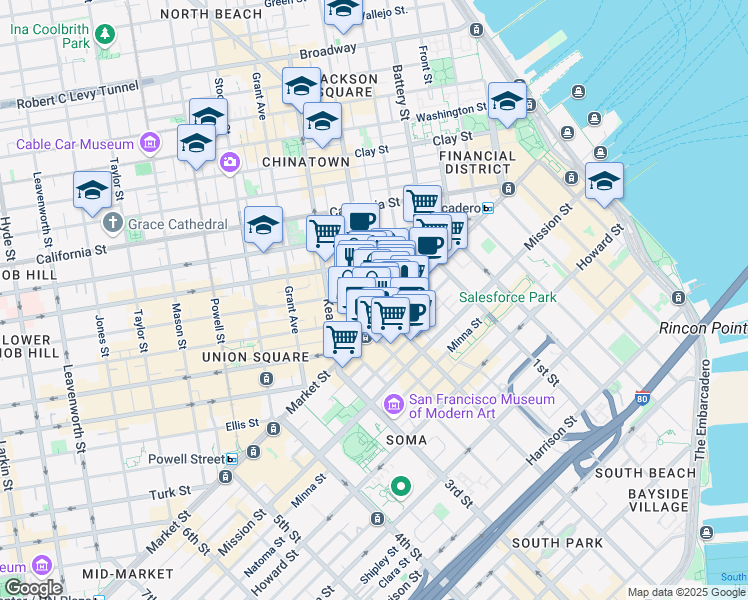 map of restaurants, bars, coffee shops, grocery stores, and more near 44 Montgomery Street in San Francisco