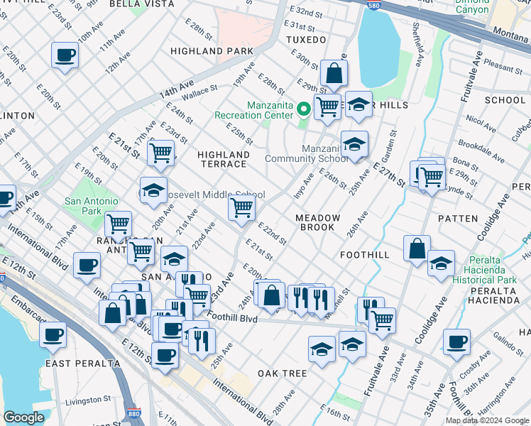 map of restaurants, bars, coffee shops, grocery stores, and more near 2222 23rd Avenue in Oakland