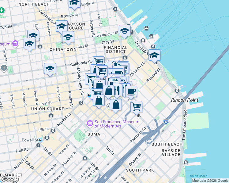 map of restaurants, bars, coffee shops, grocery stores, and more near Mission St & 1st St in San Francisco