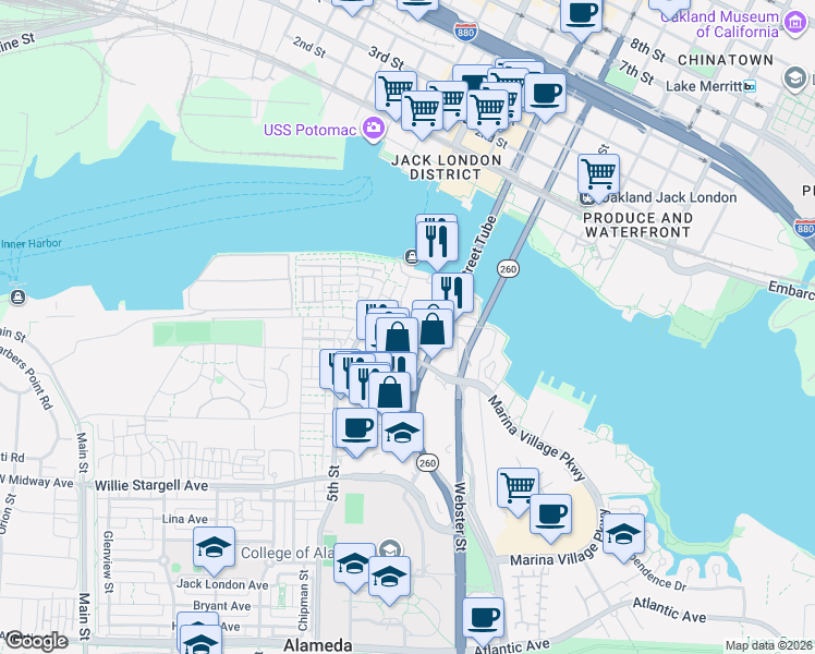 map of restaurants, bars, coffee shops, grocery stores, and more near 465 Diller Street in Alameda