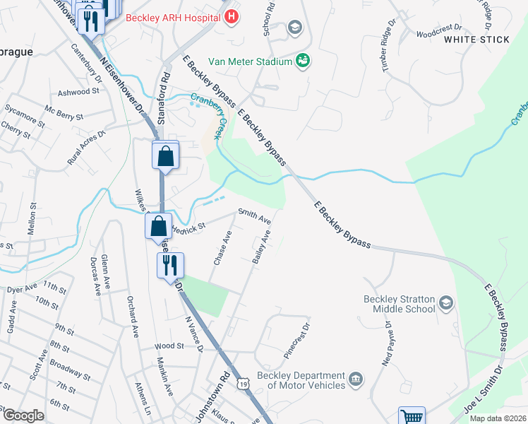 map of restaurants, bars, coffee shops, grocery stores, and more near 250-258 Hedrick Street in Beckley