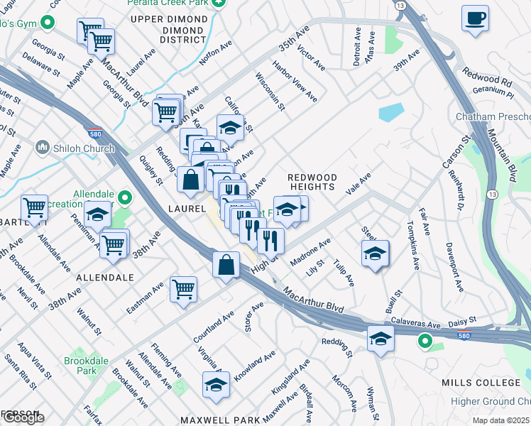 map of restaurants, bars, coffee shops, grocery stores, and more near 3687 Maybelle Avenue in Oakland