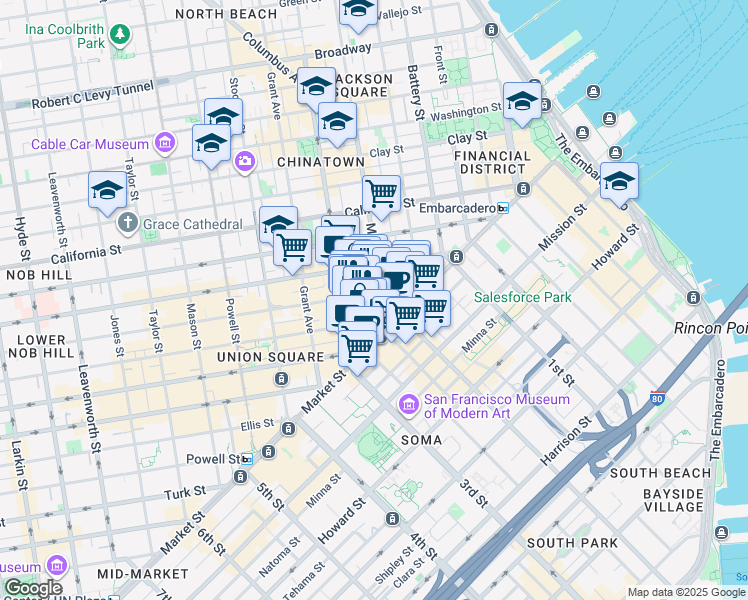 map of restaurants, bars, coffee shops, grocery stores, and more near 122/15 Montgomery Street in San Francisco