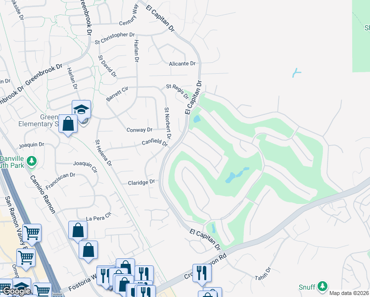 map of restaurants, bars, coffee shops, grocery stores, and more near 521 Rolling Hills Lane in Danville