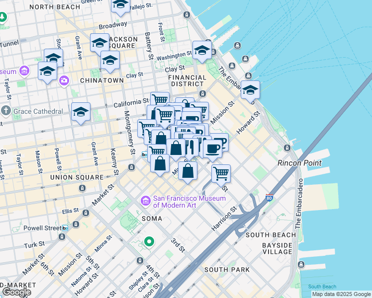 map of restaurants, bars, coffee shops, grocery stores, and more near 101 1st Street in San Francisco