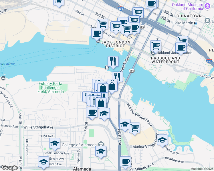 map of restaurants, bars, coffee shops, grocery stores, and more near 469 Diller Street in Alameda