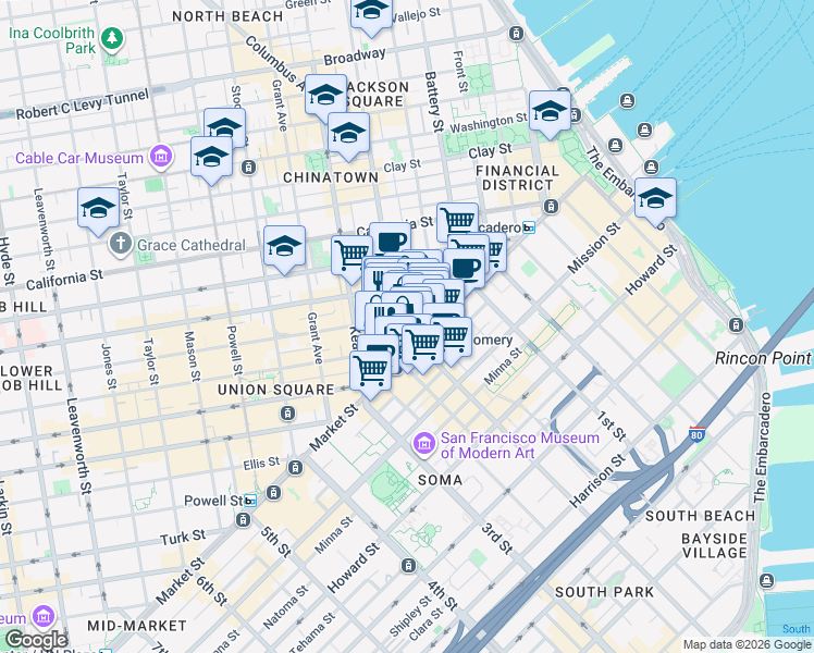 map of restaurants, bars, coffee shops, grocery stores, and more near 44 Montgomery Street in San Francisco