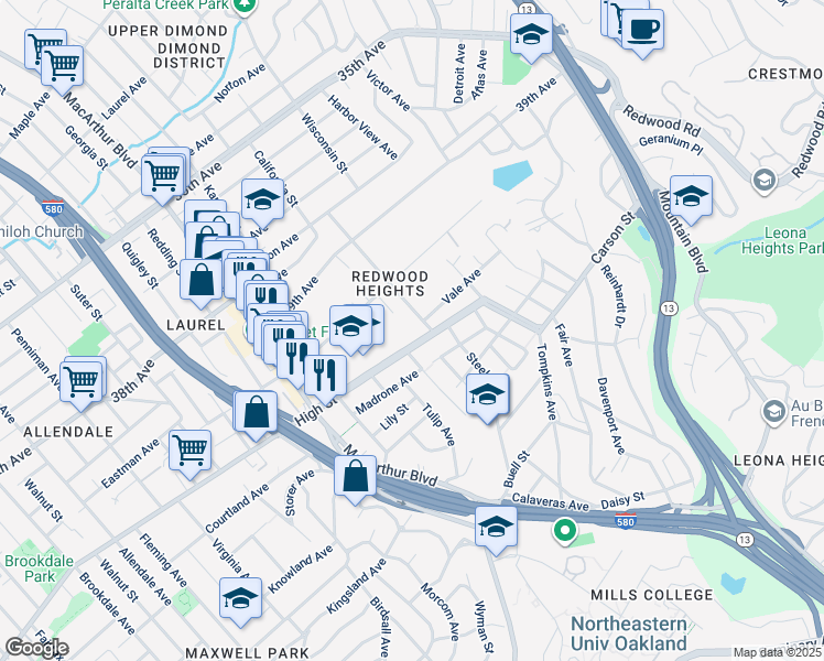 map of restaurants, bars, coffee shops, grocery stores, and more near 3761 High Street in Oakland