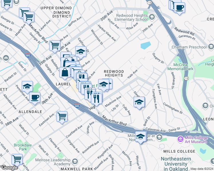 map of restaurants, bars, coffee shops, grocery stores, and more near 3800 Maybelle Avenue in Oakland