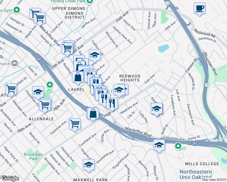 map of restaurants, bars, coffee shops, grocery stores, and more near 3687 Maybelle Avenue in Oakland