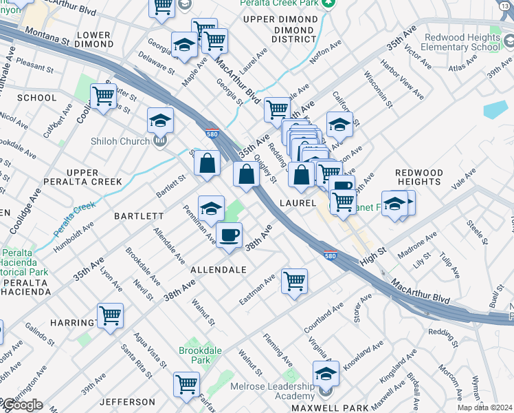 map of restaurants, bars, coffee shops, grocery stores, and more near 3770 Suter Street in Oakland
