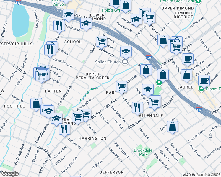 map of restaurants, bars, coffee shops, grocery stores, and more near 2568 Humboldt Avenue in Oakland