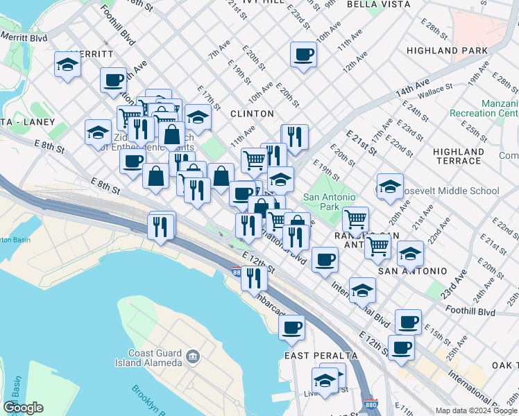 map of restaurants, bars, coffee shops, grocery stores, and more near in Oakland