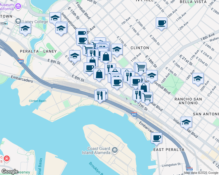 map of restaurants, bars, coffee shops, grocery stores, and more near 1136 East 8th Street in Oakland