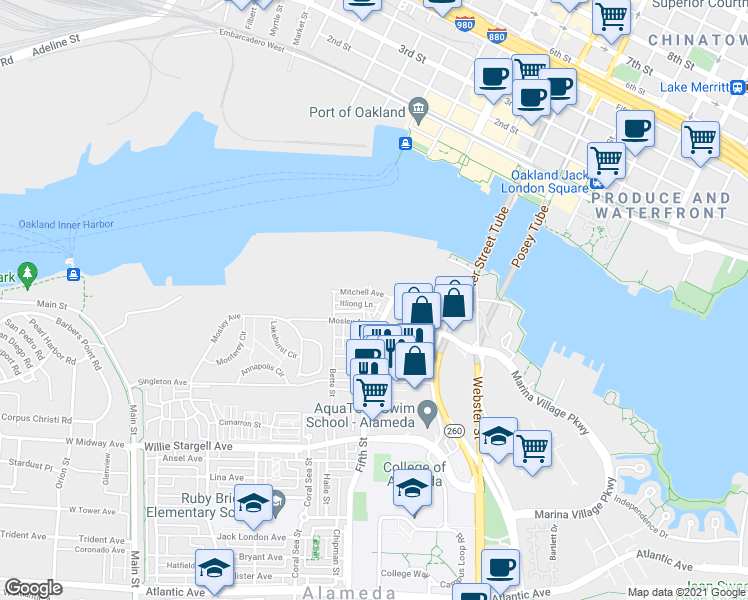 map of restaurants, bars, coffee shops, grocery stores, and more near 436 Itliong Lane in Alameda