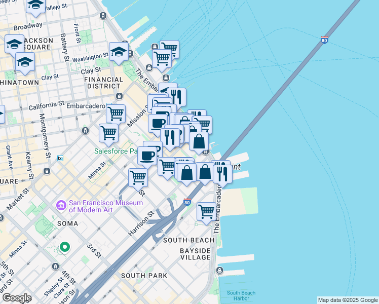 map of restaurants, bars, coffee shops, grocery stores, and more near 2 Harrison Street in San Francisco
