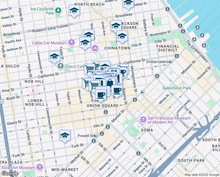 map of restaurants, bars, coffee shops, grocery stores, and more near 272 Post Street in San Francisco