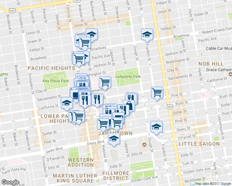 map of restaurants, bars, coffee shops, grocery stores, and more near 2162 California Street in San Francisco