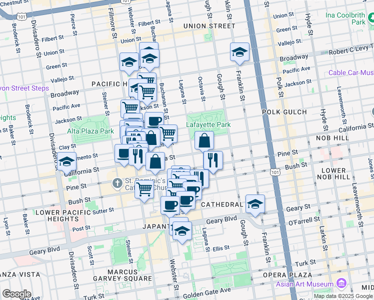 map of restaurants, bars, coffee shops, grocery stores, and more near 2162 California Street in San Francisco