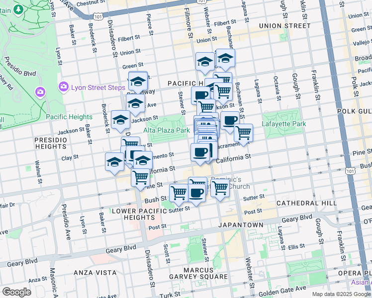 map of restaurants, bars, coffee shops, grocery stores, and more near 2605 Sacramento Street in San Francisco