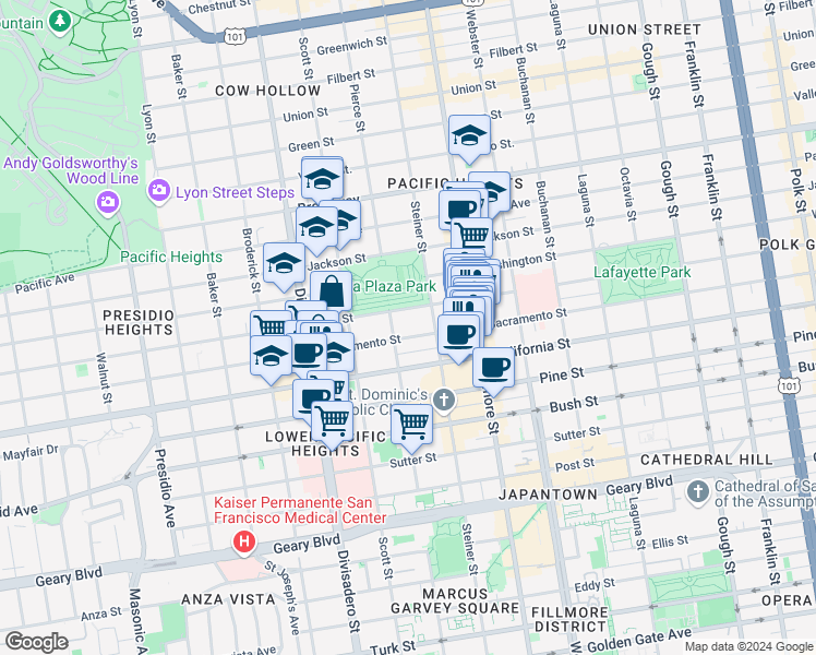 map of restaurants, bars, coffee shops, grocery stores, and more near 2700 Sacramento Street in San Francisco