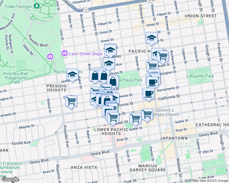 map of restaurants, bars, coffee shops, grocery stores, and more near 2107 Scott Street in San Francisco