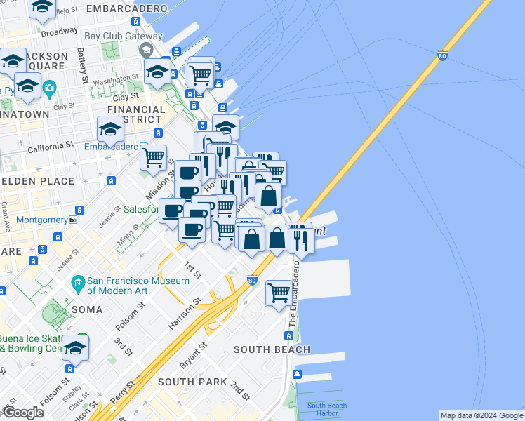 map of restaurants, bars, coffee shops, grocery stores, and more near 2 Harrison Street in San Francisco