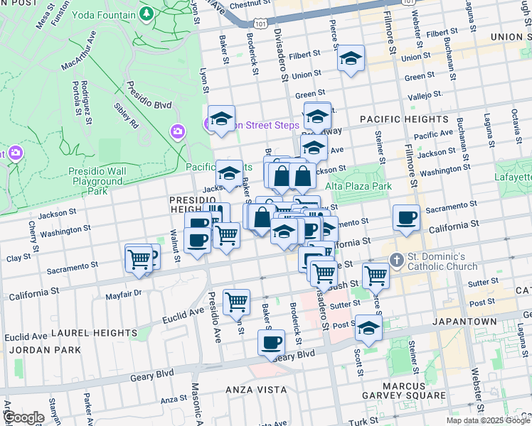 map of restaurants, bars, coffee shops, grocery stores, and more near 3014 Clay Street in San Francisco