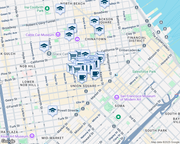 map of restaurants, bars, coffee shops, grocery stores, and more near 272 Post Street in San Francisco