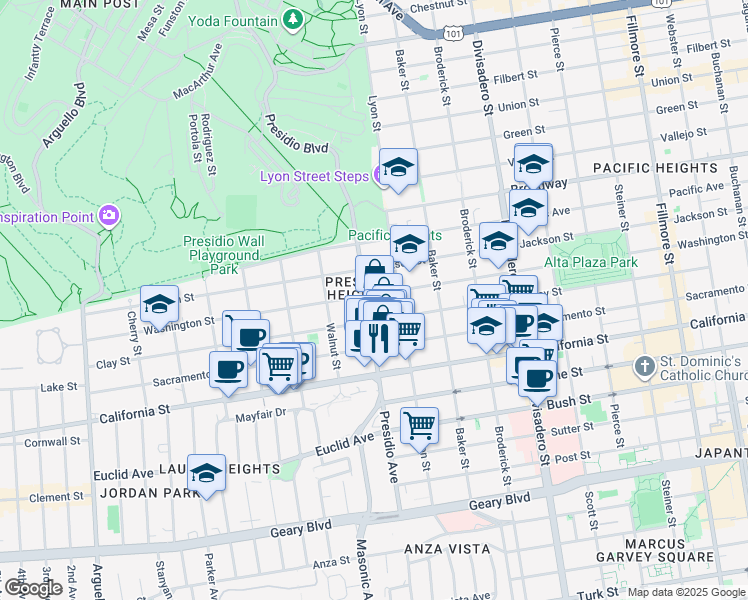 map of restaurants, bars, coffee shops, grocery stores, and more near 3234 Clay Street in San Francisco