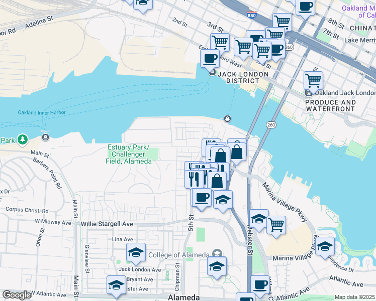 map of restaurants, bars, coffee shops, grocery stores, and more near 421 Itliong Lane in Alameda