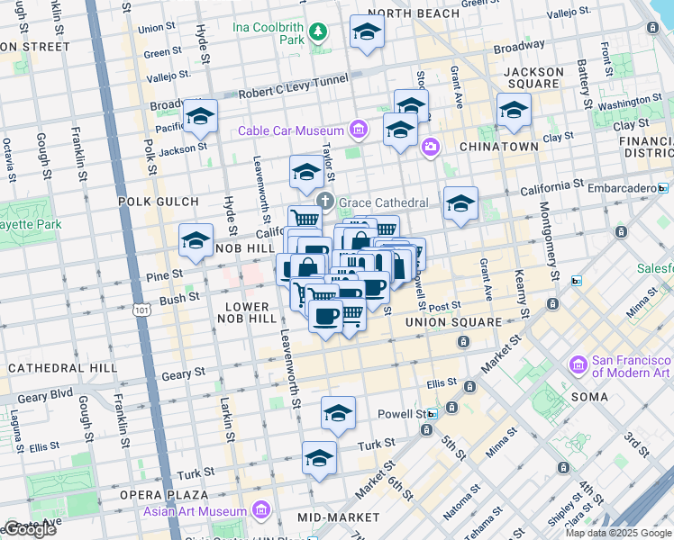 map of restaurants, bars, coffee shops, grocery stores, and more near 900 Bush Street in San Francisco