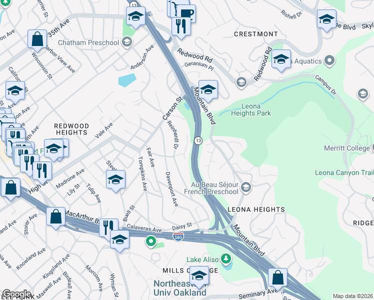 map of restaurants, bars, coffee shops, grocery stores, and more near 4518 Mattis Court in Oakland