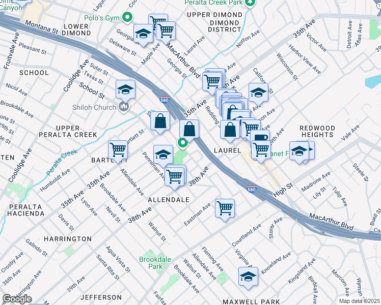 map of restaurants, bars, coffee shops, grocery stores, and more near 3728 Suter Street in Oakland