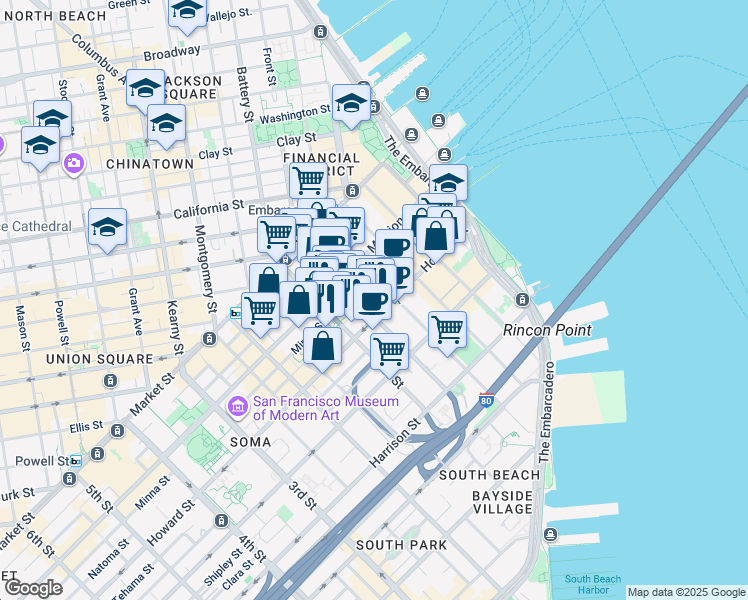 map of restaurants, bars, coffee shops, grocery stores, and more near 400 Howard Street in San Francisco