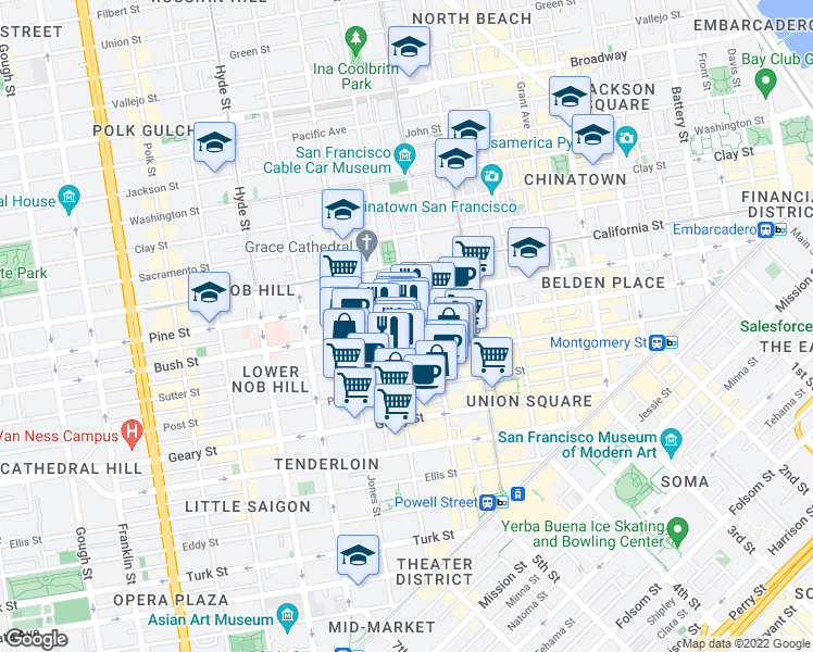 map of restaurants, bars, coffee shops, grocery stores, and more near 860 Bush St in San Francisco