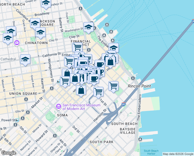 map of restaurants, bars, coffee shops, grocery stores, and more near 199 Fremont Street in San Francisco