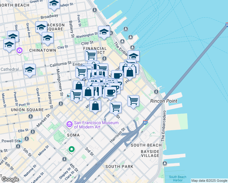 map of restaurants, bars, coffee shops, grocery stores, and more near 199 Fremont Street in San Francisco