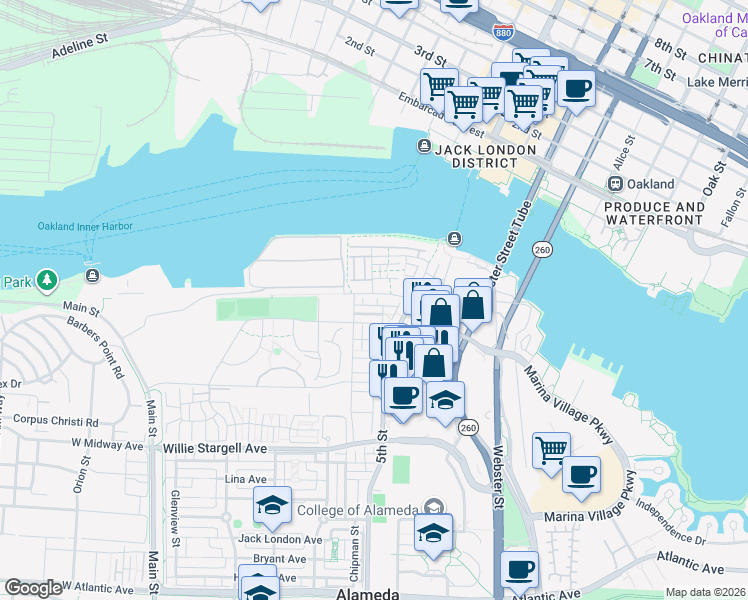 map of restaurants, bars, coffee shops, grocery stores, and more near 421 Itliong Lane in Alameda