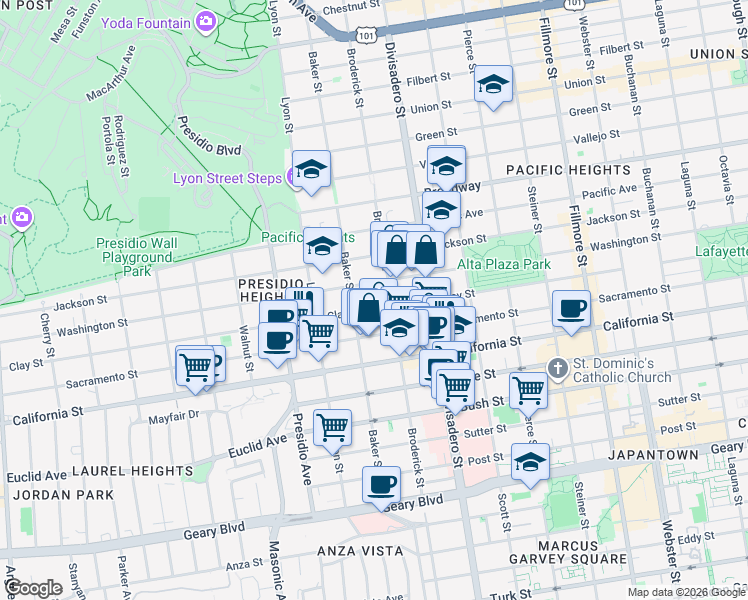 map of restaurants, bars, coffee shops, grocery stores, and more near 3065a Clay Street in San Francisco