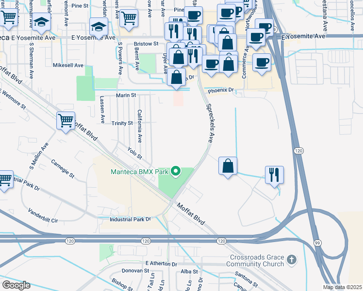 map of restaurants, bars, coffee shops, grocery stores, and more near 787 Spreckels Ave in Manteca