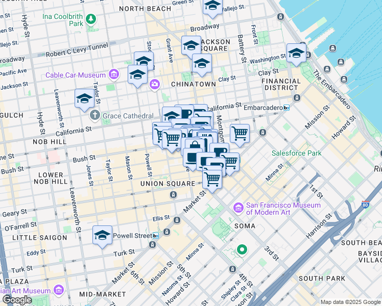map of restaurants, bars, coffee shops, grocery stores, and more near 255 Sutter Street in San Francisco