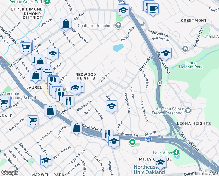 map of restaurants, bars, coffee shops, grocery stores, and more near 3941 Madrone Avenue in Oakland