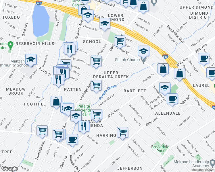 map of restaurants, bars, coffee shops, grocery stores, and more near 3284 Lynde Street in Oakland