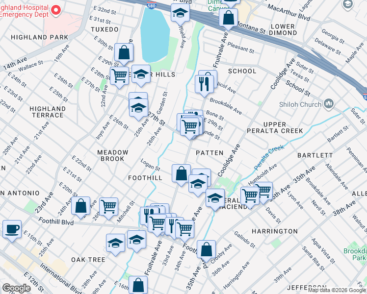 map of restaurants, bars, coffee shops, grocery stores, and more near 3043 Blossom Street in Oakland